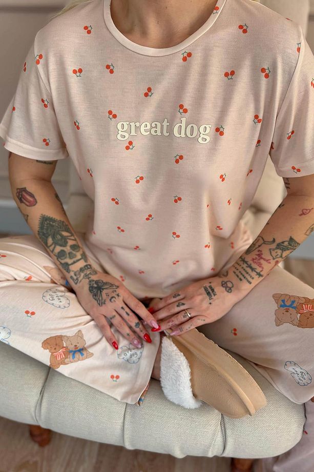 Açık Pudra Great Desenli Örme Kısa Kol Kadın Pijama Takımı - 7