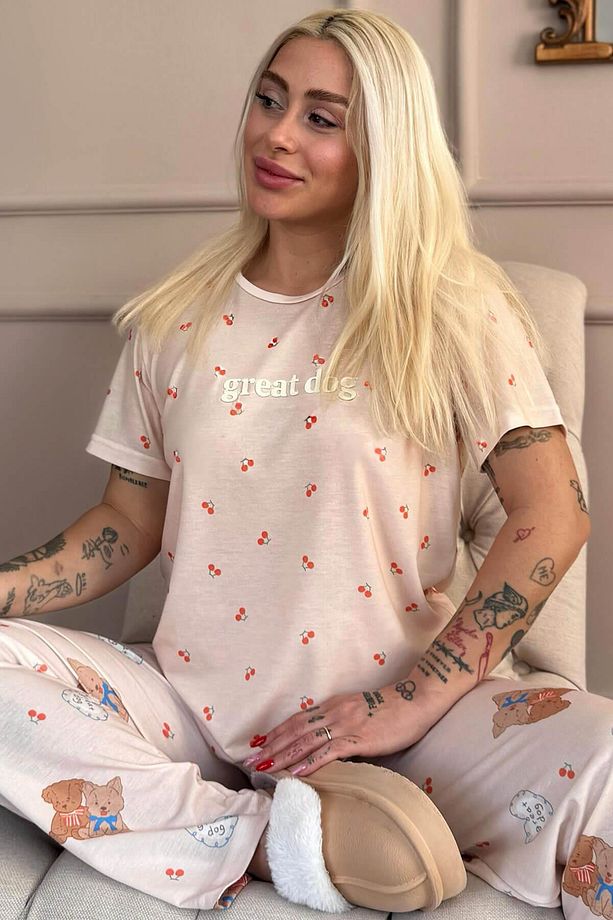 Açık Pudra Great Desenli Örme Kısa Kol Kadın Pijama Takımı - 1