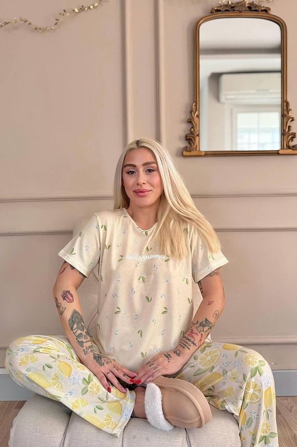 Sarı Yeşil Hello Summer Desenli Örme Kısa Kol Kadın Pijama Takımı - 4