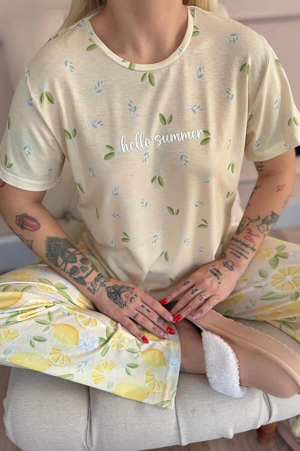 Sarı Yeşil Hello Summer Desenli Örme Kısa Kol Kadın Pijama Takımı - 5