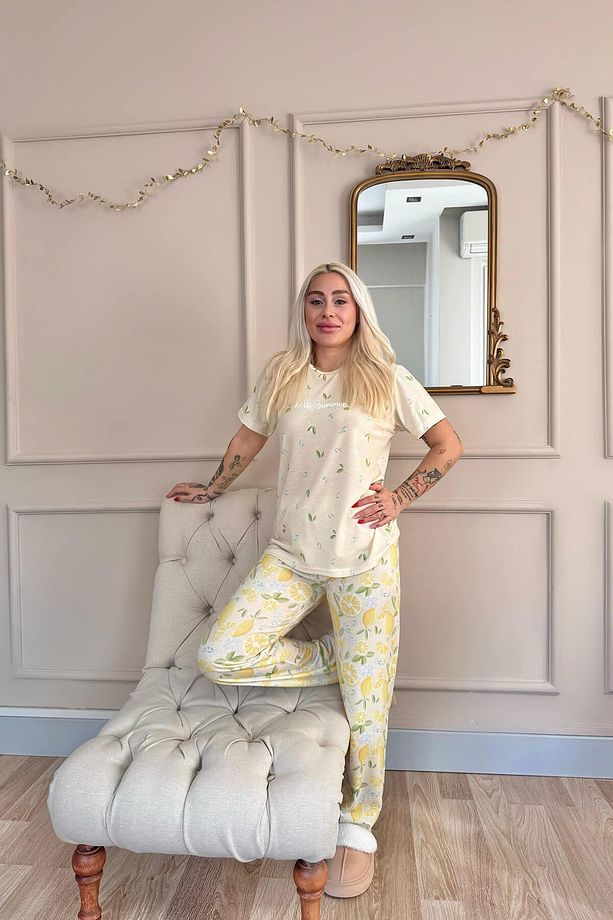 Sarı Yeşil Hello Summer Desenli Örme Kısa Kol Kadın Pijama Takımı - 6