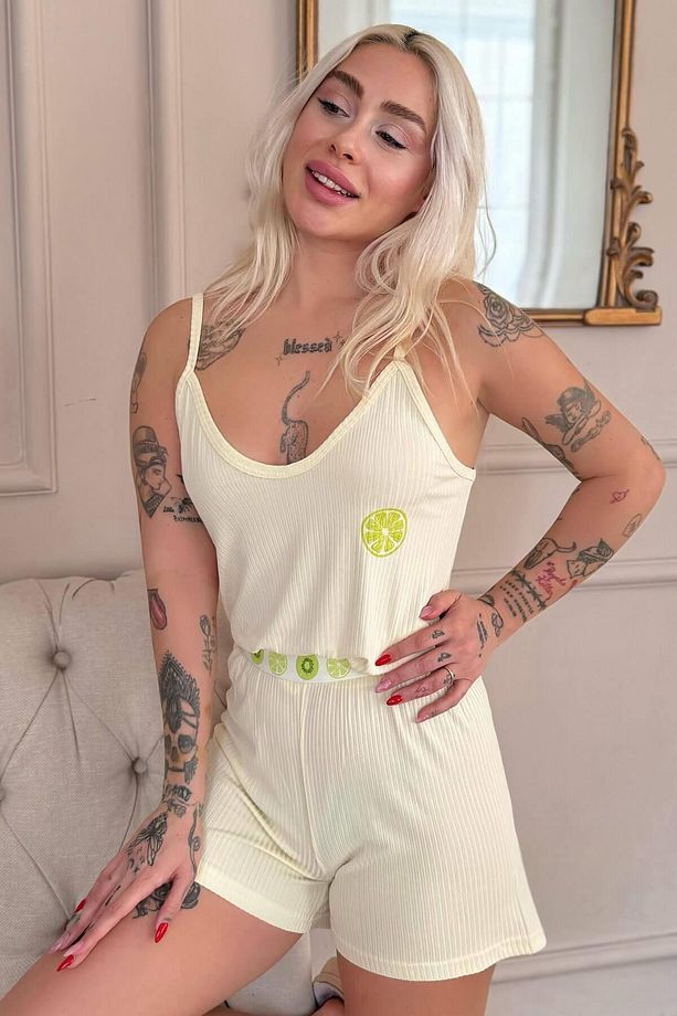 Sarı Citron Fresh Desenli Örme Ip Askı Şortlu Kadın Pijama Takımı - 1