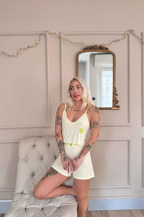 Sarı Citron Fresh Desenli Örme Ip Askı Şortlu Kadın Pijama Takımı - 2