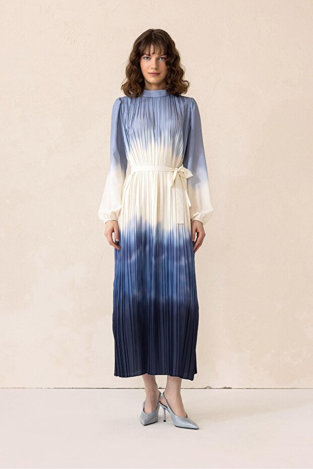 Batik Patterned Blue Pleated Long Dress 9304-E