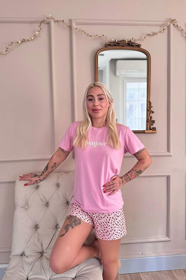 Pembe Bonjour Desenli Kısa Kollu Şortlu Örme Kadın Pijama Takımı - 5