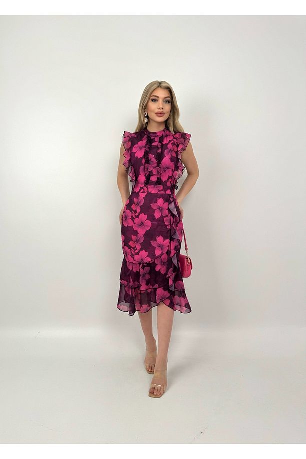 Pembe Şifon Çiçek Desenli Fırfırlı Midi Elbise - 7