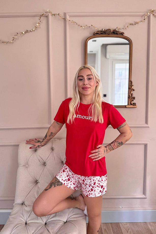 Kırmızı Amour Desenli Kısa Kollu Şortlu Örme Kadın Pijama Takımı - 4