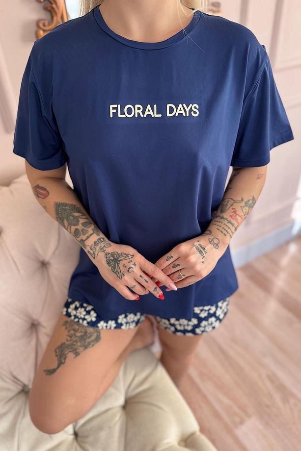 Lacivert Floral Days Desenli Kısa Kollu Şortlu Örme Kadın Pijama Takımı - 6