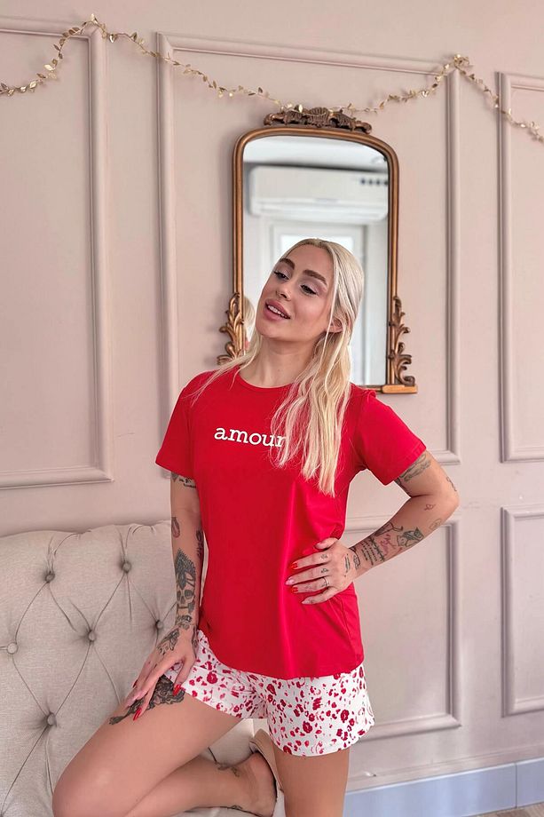 Kırmızı Amour Desenli Kısa Kollu Şortlu Örme Kadın Pijama Takımı - 5