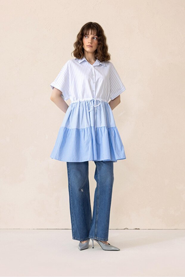 Gathered Waist Striped Short Sleeve Poplin Tunic Blue 9282