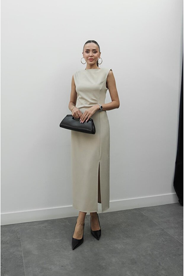 Rochie bej Nick Slit căptușită - 2