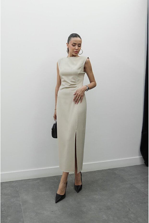 Rochie bej Nick Slit căptușită - 4