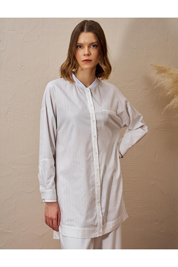 جيب من الفلانيل بنمط مخطط تونيك رمادي - 1