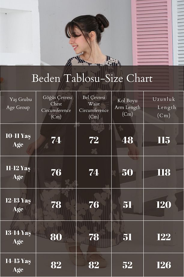 Kız Çocuk Çiçek Desenli Şifon Uzun Tesettür Elbise - 3