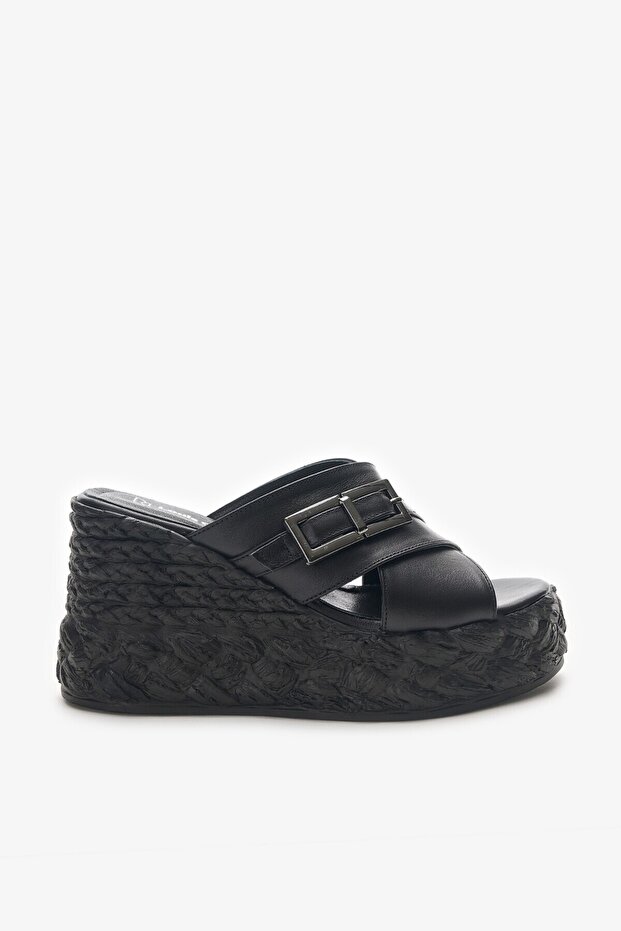 Harriet Black Genuine Leather Women's Wedge Heel Slippers