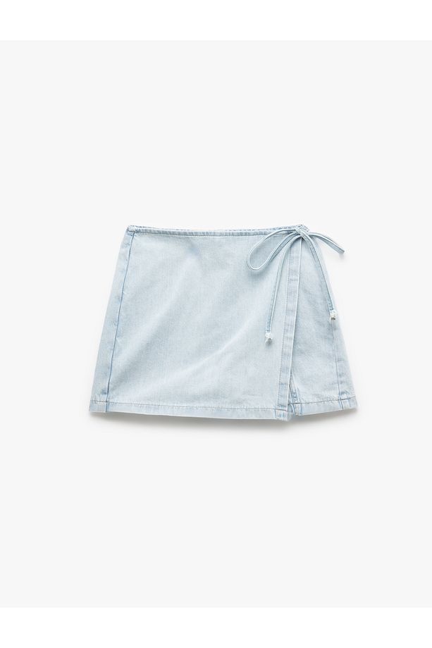 Pamuklu Bağlama Detaylı Mini Denim Şort Etek - 4