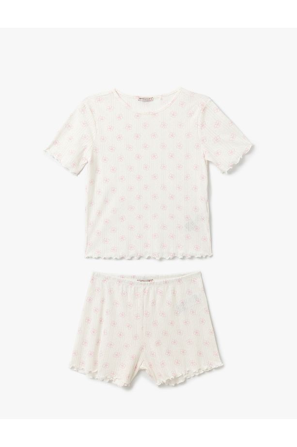 Çiçek Desenli Pamuklu Kısa Kollu Bisiklet Yaka Şortlu Pijama Takımı - 3