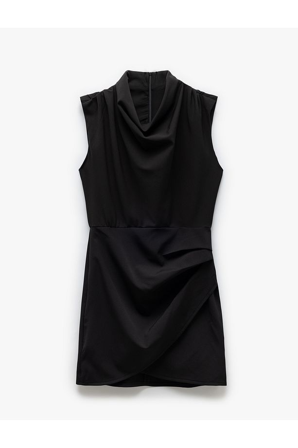 Drape Detaylı Kolsuz Degaje Yaka Kruvaze Mini Elbise - 3