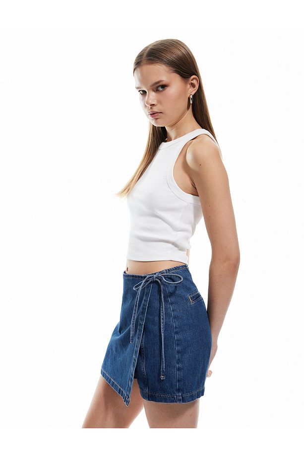 Pamuklu Bağlama Detaylı Mini Denim Şort Etek - 2