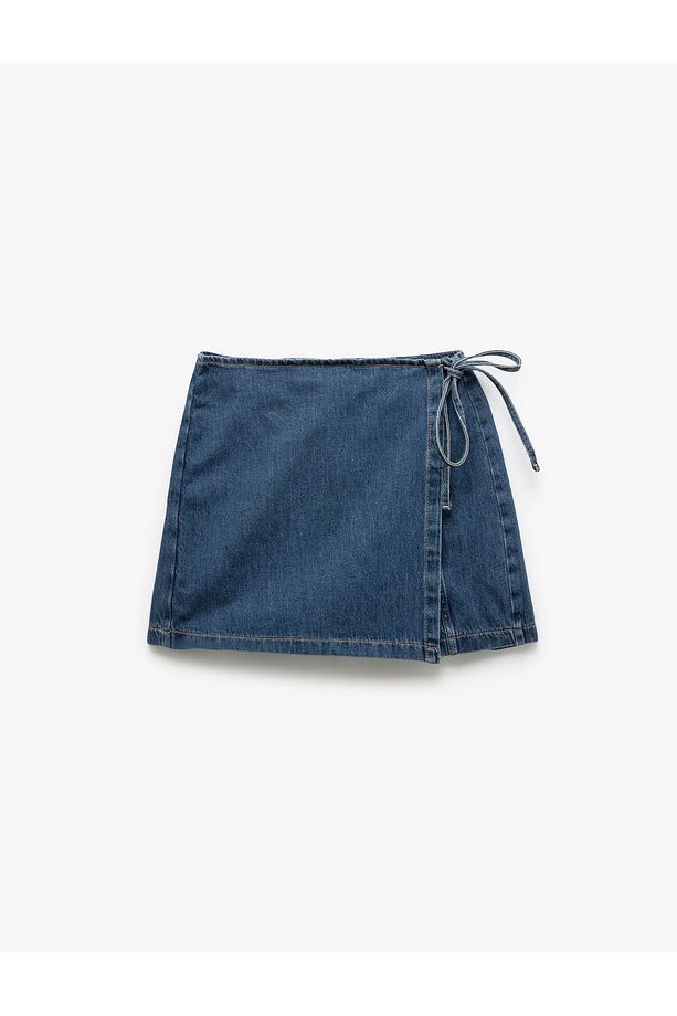 Pamuklu Bağlama Detaylı Mini Denim Şort Etek - 4