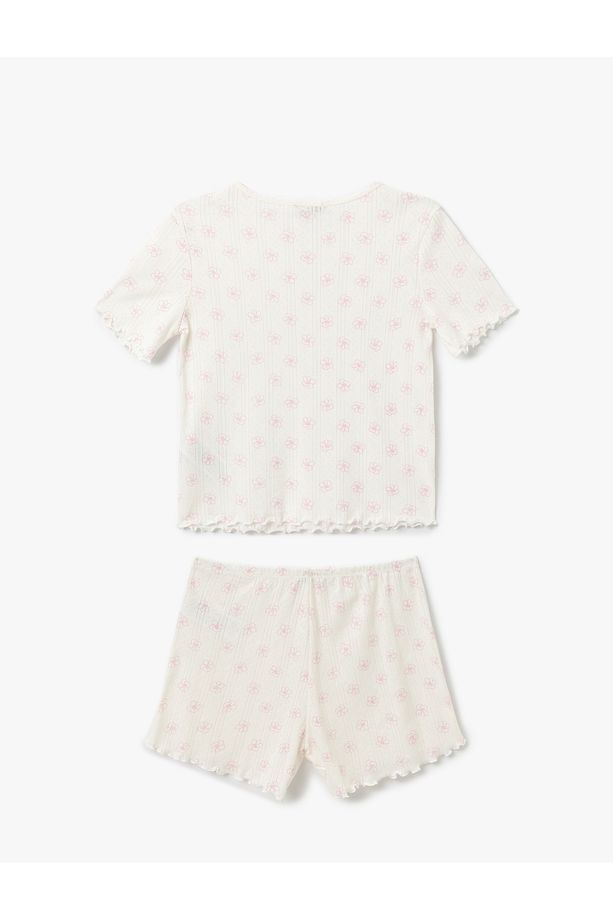 Çiçek Desenli Pamuklu Kısa Kollu Bisiklet Yaka Şortlu Pijama Takımı - 4