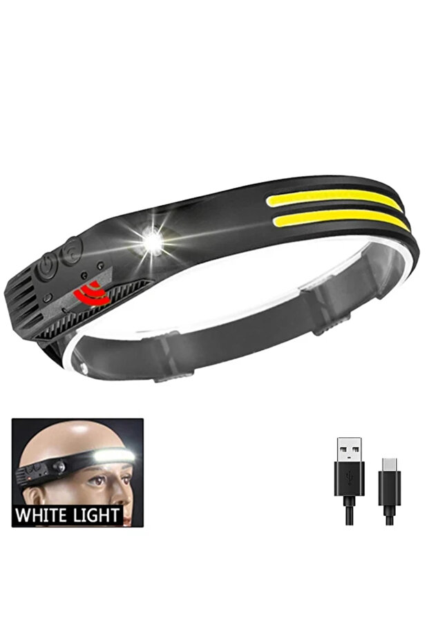 مصباح رأس LED COB أبيض قابل لإعادة الشحن عبر منفذ USB مزود ببطارية مدمجة سعة 1200 مللي أمبير.