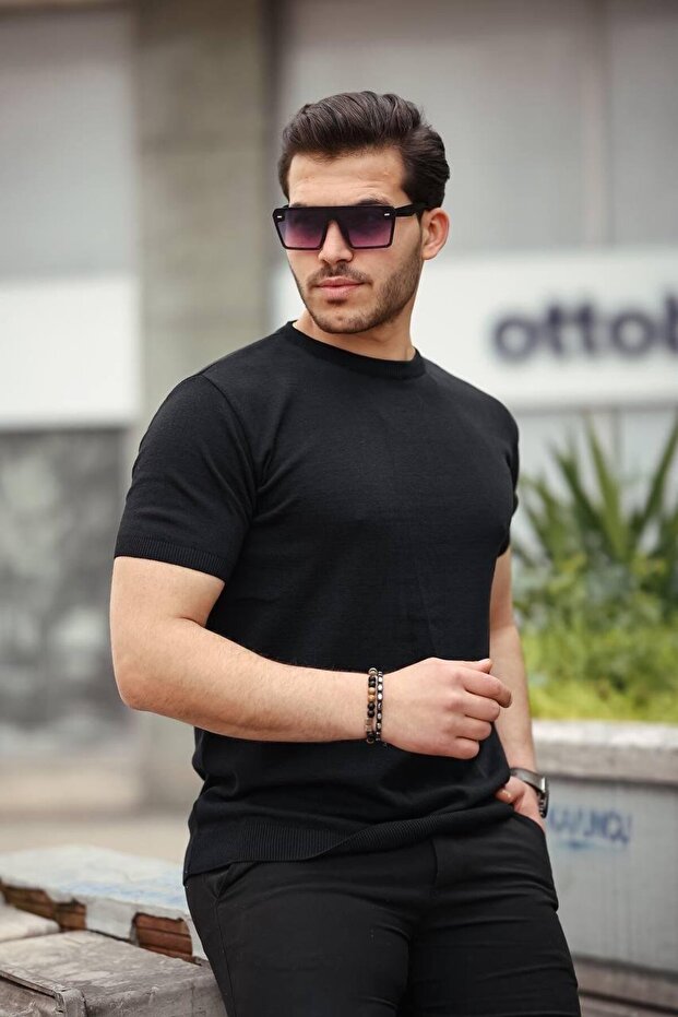 Siyah Basic Örme Triko Tshirt - 1