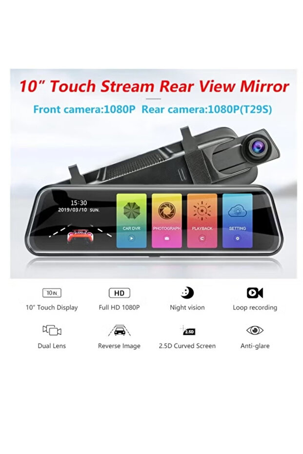 كاميرا لوحة القيادة 4K Mirror Dash Cam مع شاشة تعمل باللمس مقاس 10 بوصات ورؤية ليلية متقدمة وعدسة نقطية بزاوية 170 درجة