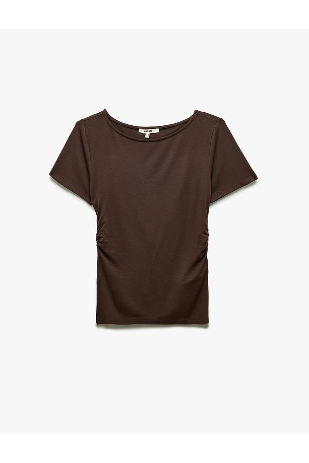 Drape Detaylı Slim Fit Kısa Kollu Yuvarlak Yaka Viskon Tişört - 3