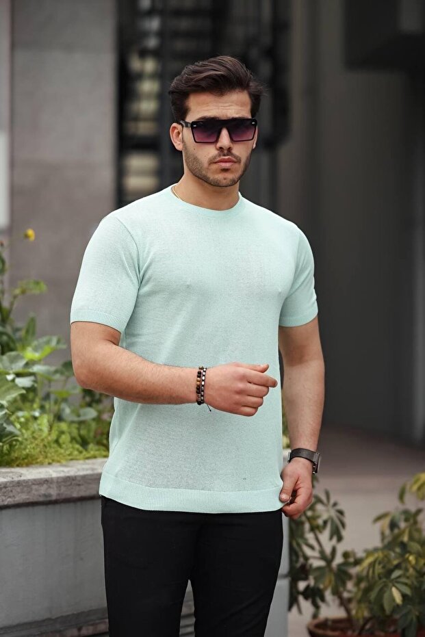 Mint Yeşil Basic Örme Triko Tshirt - 1