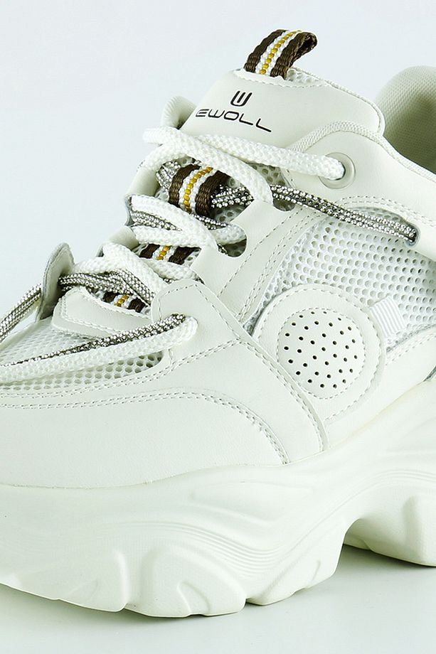 Ekru Yüksek Taban Spor Fileli Taşlı Bağcıklı Platform Sneaker - 4