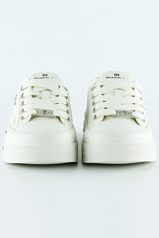 Beyaz Yüksek Taban Spor Fileli Taşlı Bağcıklı Platform Sneaker - 2