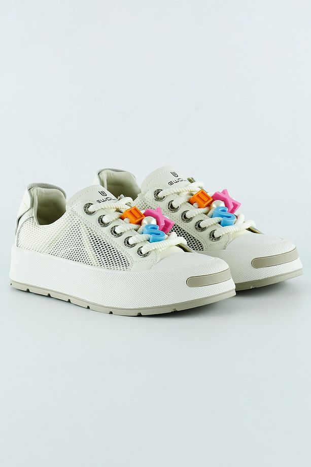 Bej Yüksek Taban Spor Fileli Harf Detaylı İncili Bağcıklı Platform Sneaker - 1