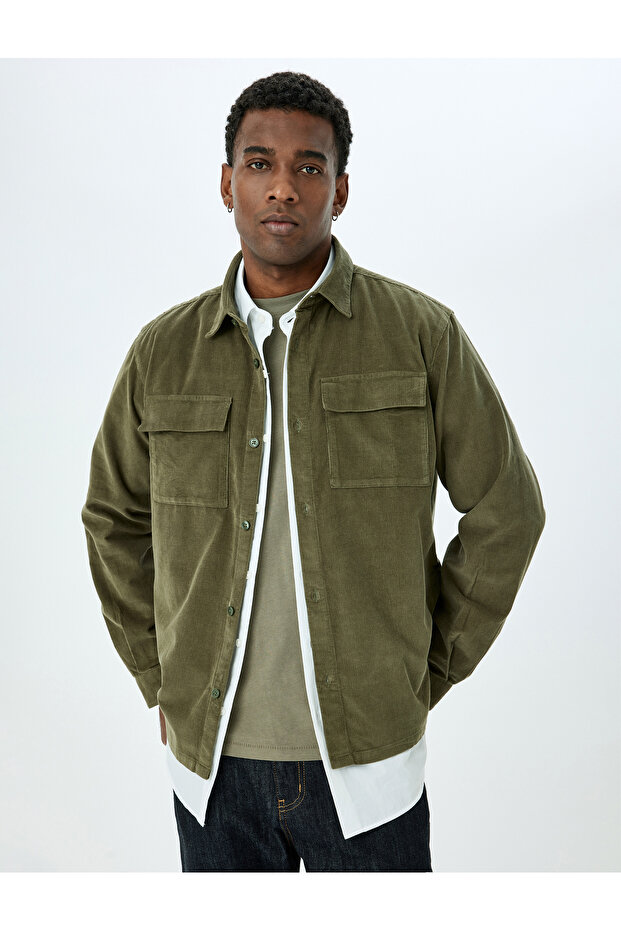 Cotton Buttoned Corduroy Jacket with Flap Pocket Detail