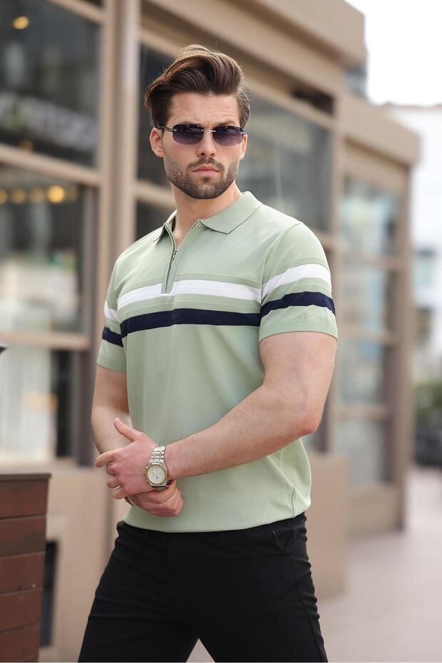 Çağla Green Zippered Polo Neck Knitwear Men's T-Shirt E7299