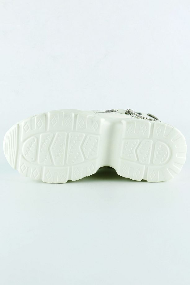 Ekru Yüksek Taban Spor Fileli Taşlı Bağcıklı Platform Sneaker - 5