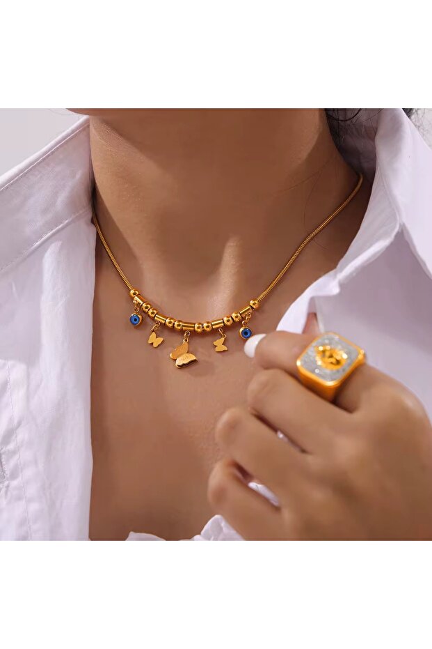 Butterfly Model Evil Eye Bead Detailed 316L Steel Necklace