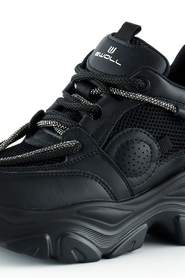 Siyah Yüksek Taban Spor Fileli Taşlı Bağcıklı Platform Sneaker - 4