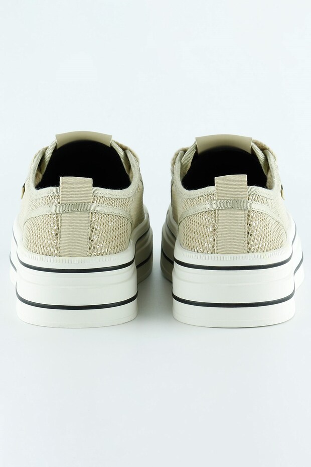 Bej Yüksek Taban Spor Fileli Taşlı Bağcıklı Platform Sneaker - 3