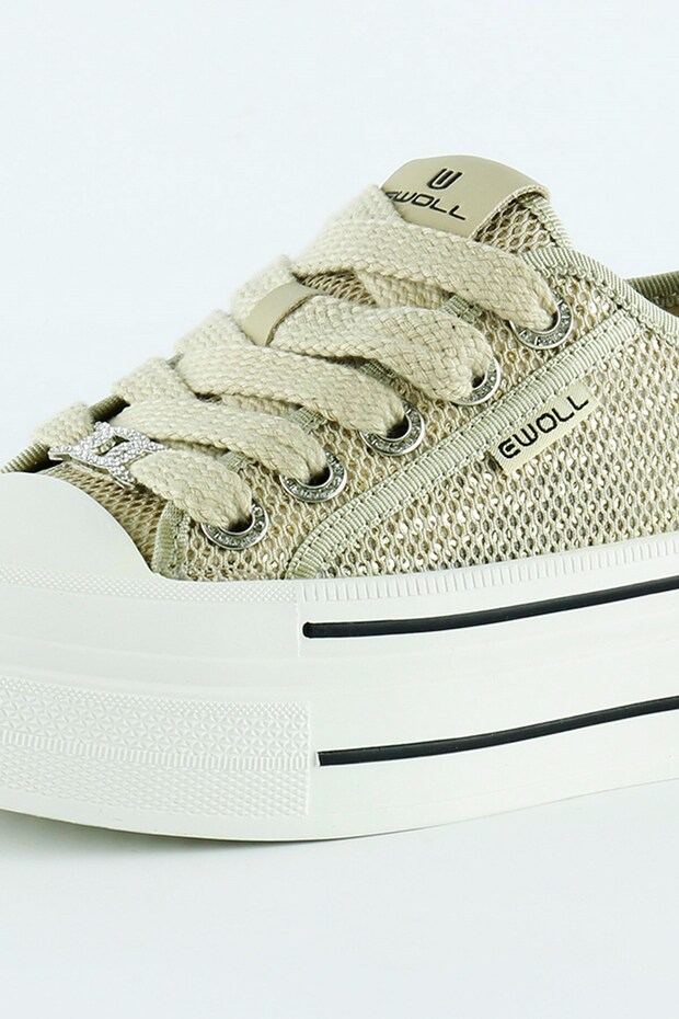 Bej Yüksek Taban Spor Fileli Taşlı Bağcıklı Platform Sneaker - 4