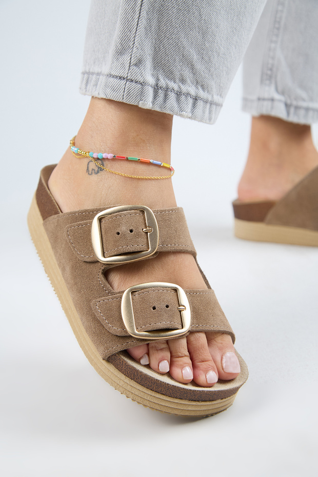 Selina Women's Genuine Leather Double Buckle Mink - Gold Slippers