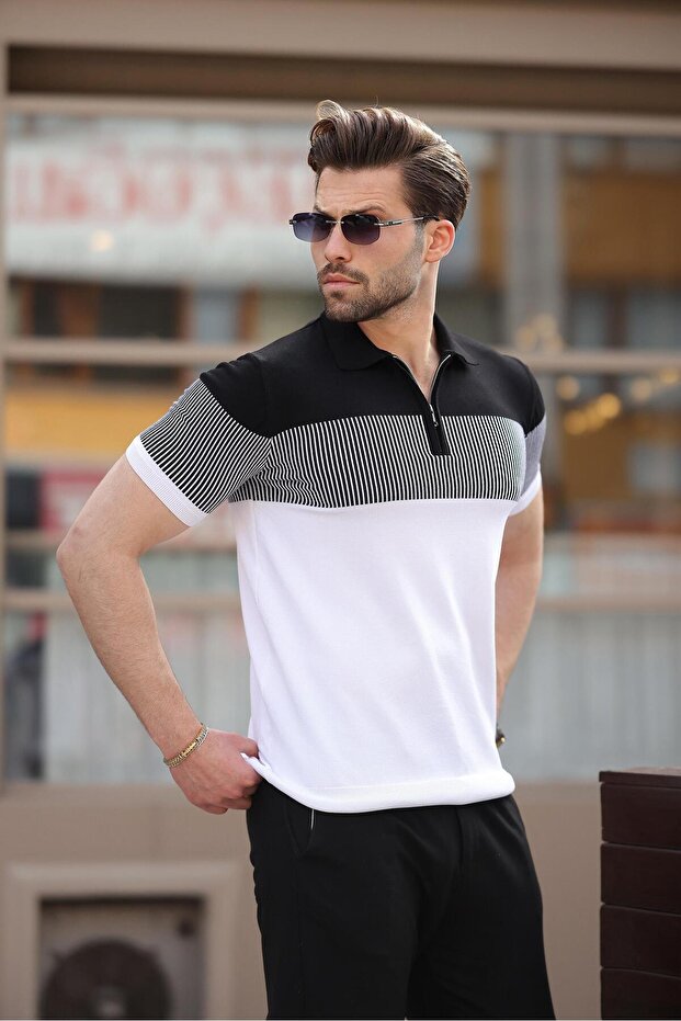 White Color Blocked Polo Neck Knitwear Men's T-Shirt E7409