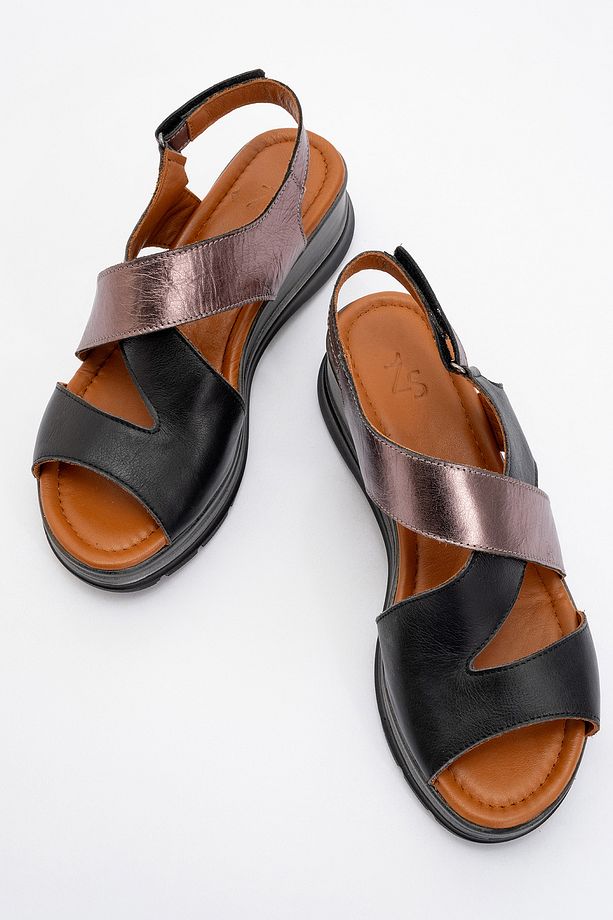 Silviana Kaplama Deri Sandalet Siyah-Bronz - 7