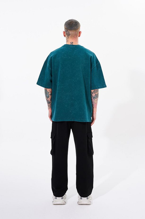 Erkek Yıkamalı Nakışlı Oversize Petrol Cloudy Tişört - 5