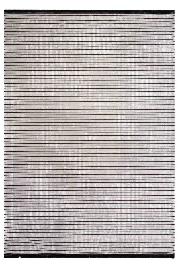 Line Patterned Runner Gray Black White Washable Chenille Fringed Non-Slip Base Living Room Carpet 8377