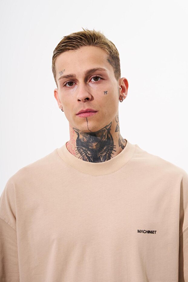 Erkek Basic Pamuklu Oversize Bej Tişört - 3