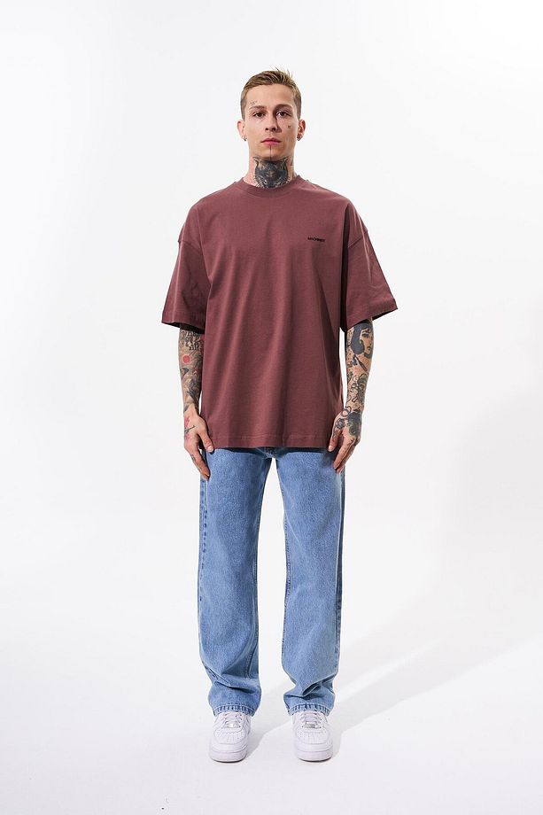 Erkek Solid Basic Pamuklu Oversize Mürdüm Tişört - 5