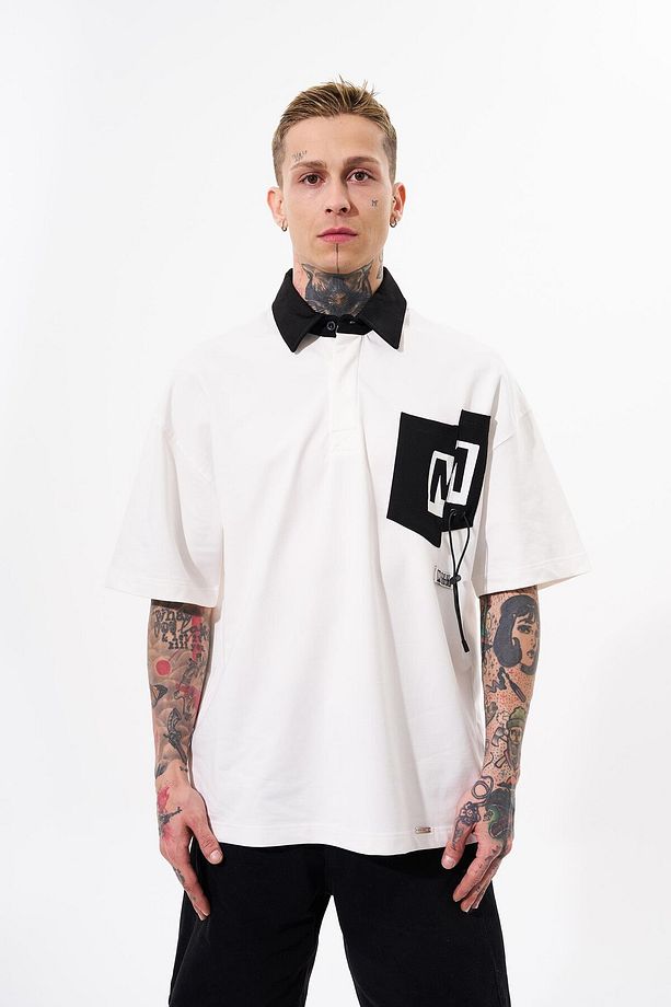 Erkek Constrast Pocket Oversize Ekru Polo Yaka Tişört - 1