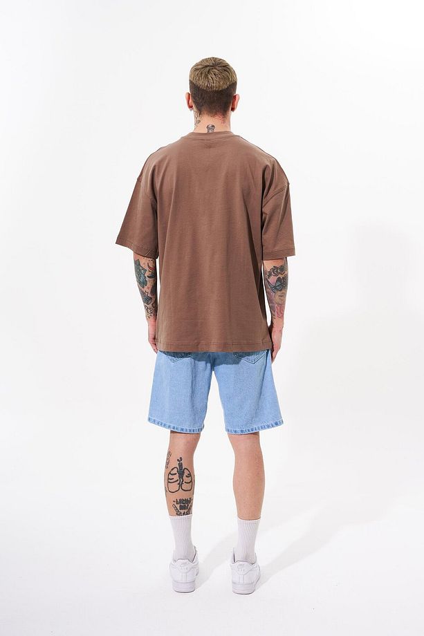 Erkek Basic Pamuklu Oversize Kahve Tişört - 6
