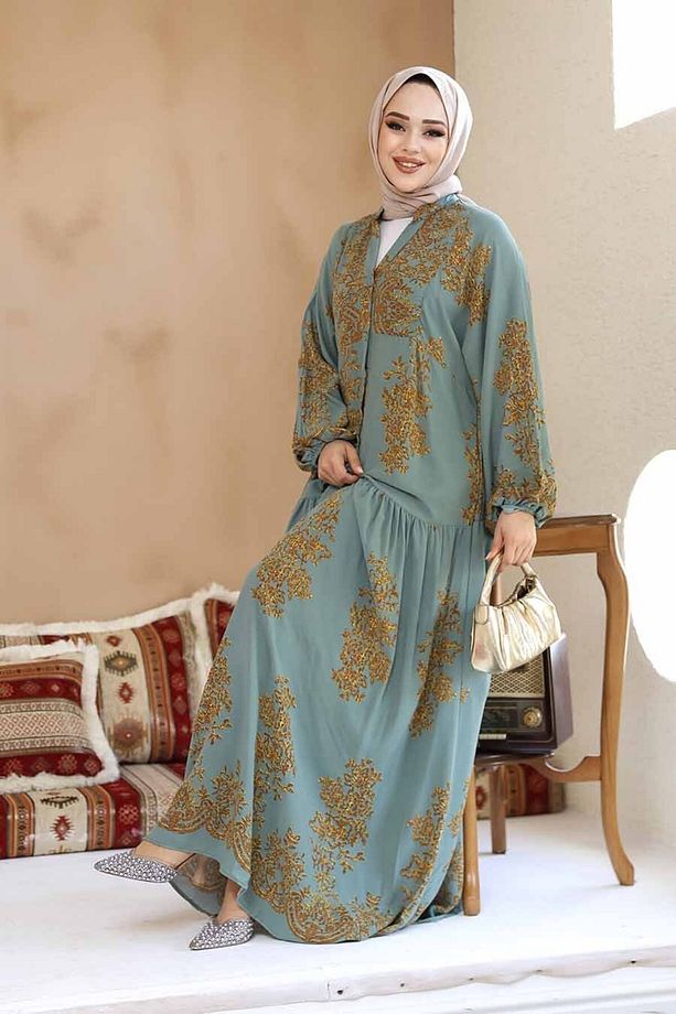 Çiçek Desenli Çağla Yeşili Tesettür Elbise 18241CY - 3